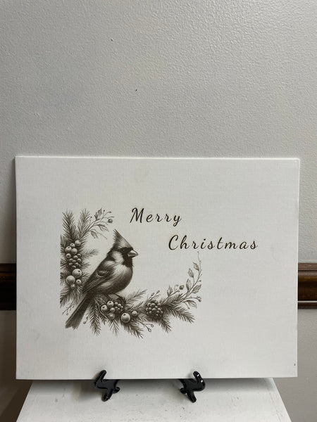 Holiday 14" x 11" White Canvas Prints w/Laser engraved brown Prints-MERRY CHRISTMAS WITH GARLAND & CARNIAL 