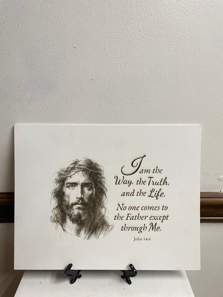 Holiday 14" x 11" White Canvas Prints w/Laser engraved brown Prints-FACE OF JESUS "I AM THE WAY"