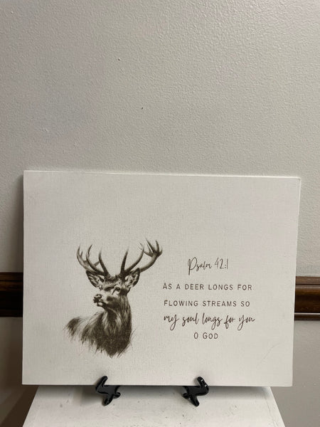 Holiday 14" x 11" White Canvas Prints w/Laser engraved brown Prints-DEER W/ANTLERS PSALM 41 "AS A DEER LONGS FOR GLOWING STREAMS SO MY SOUL LONGS FOR YOU GOD" 