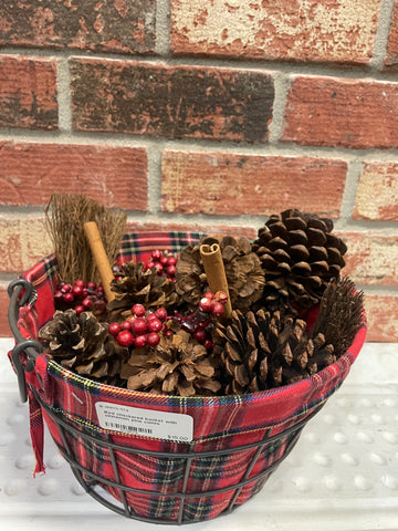 10"Round Red Checkered Basket w/Cinnamon Pinecones