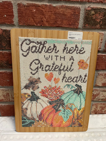 12"x16" Light wood Plaque w/crochet Gather here with Grateful Heart