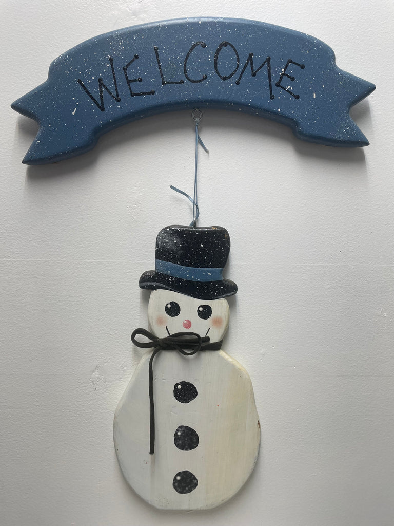 13'x5" Blue Wood Welcome Sign w/14" hanging Wood White Snowman/black hat