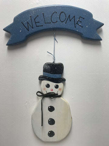 13'x5" Blue Wood Welcome Sign w/14" hanging Wood White Snowman/black hat