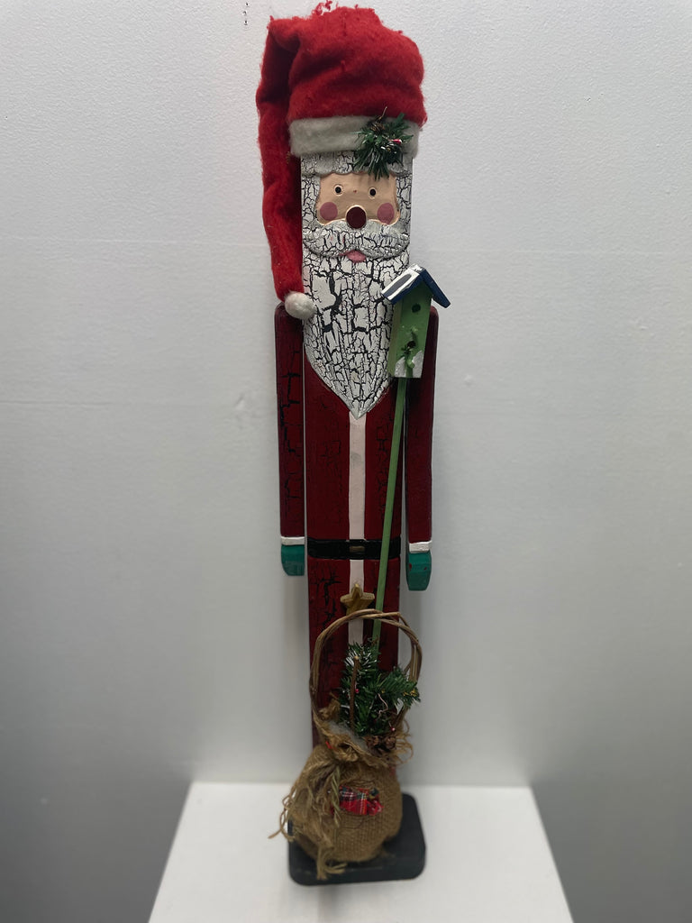 27"x5" Wood Santa on stand with birdhouse