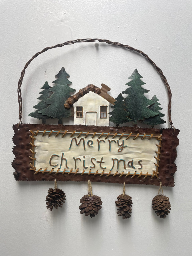 Rustic 14"x5" Wall Hanger "Merry Christmas w/hanging pinecones