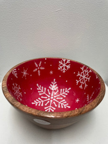 8"Round Wood bowl Red inside w/white snowflakes