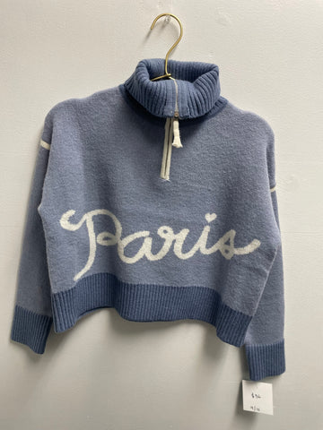 Heart & Arrow Blue Zip Up Collar Sweater w/white Paris