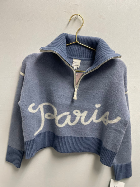 Heart & Arrow Blue Zip Up Collar Sweater w/white Paris