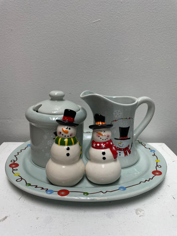 Kirkland Family Hostess 5 piece set Snowman creamer/sugar bowl/plate/shakers