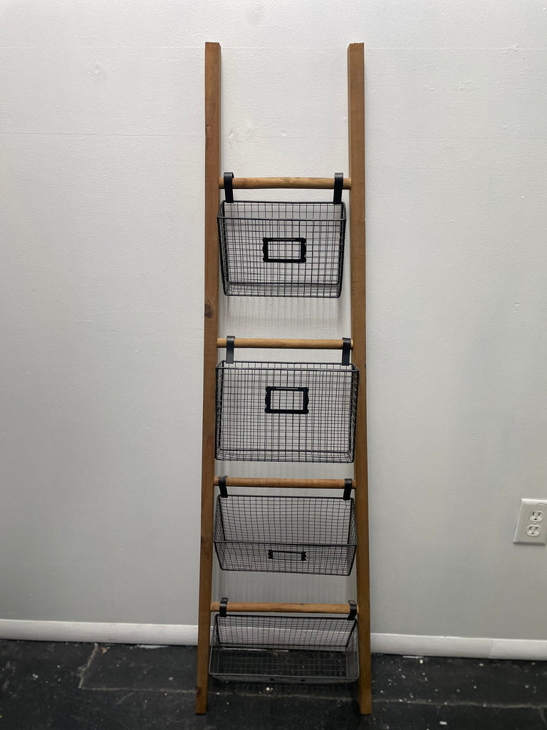 55"x15" Wood Ladder with 4 tier filing Baskets