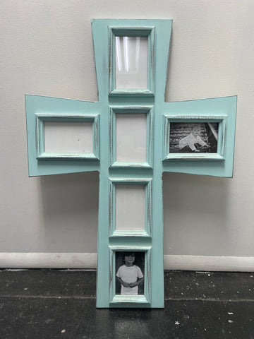 33"x23" Teal Cross w/ (6) 5x7 pic Frame