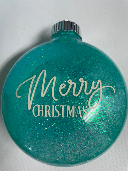 4"Glitter Flat Ball Ornaments Western S Chicks & Ts-Teal white Merry Christmas