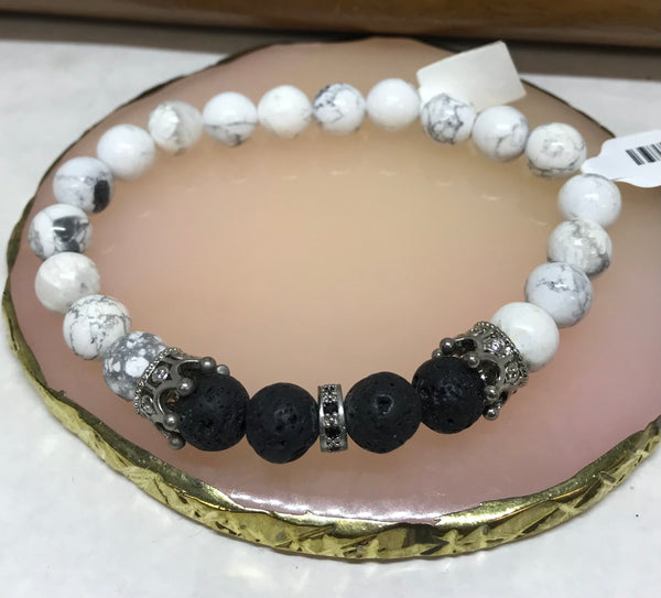 marble beaded bracelet with black beads with silver crowns accents