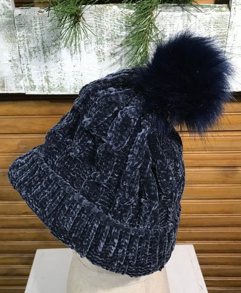 PomPom Chenille Beanie-Blue