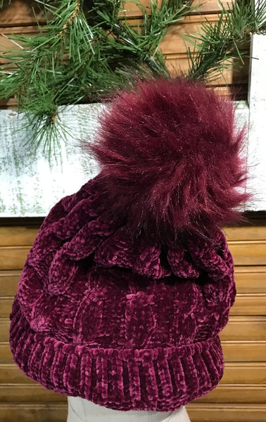 PomPom Chenille Beanie-Maroon