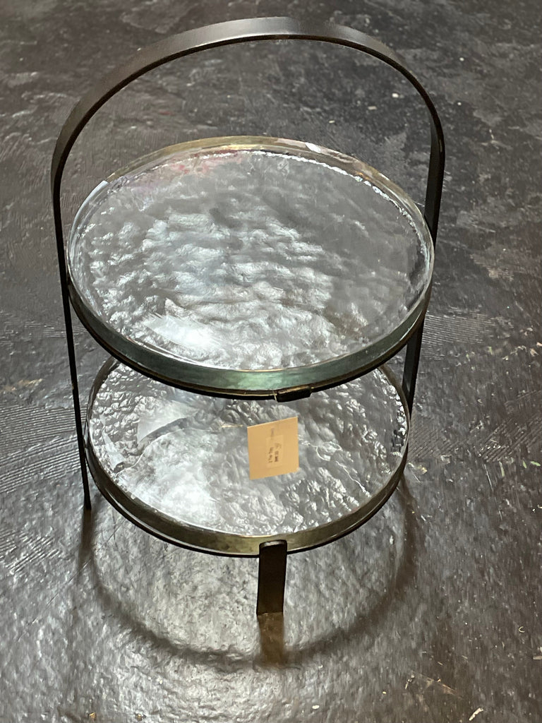 12"T x 12" round 2 tier Glass block Tray w/handle Amanda Queen