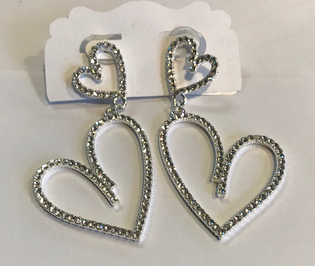 Silver Double Heart Rhinestone Earrings