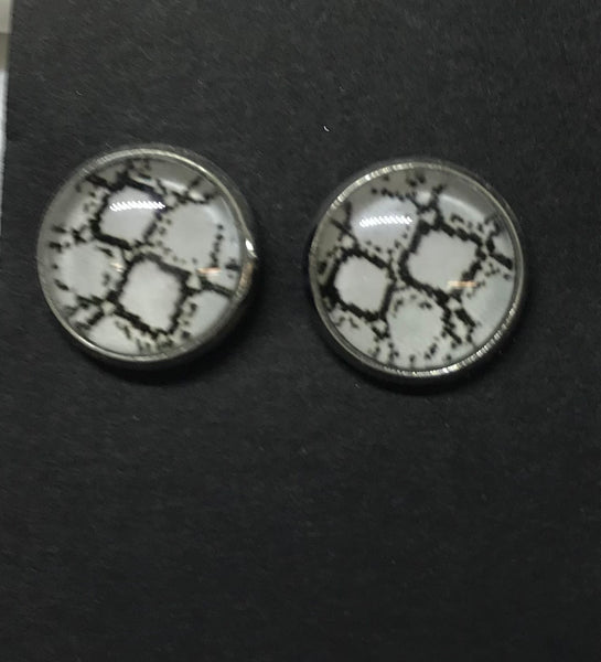 Black and White Snake Print Silver Stud Earrings