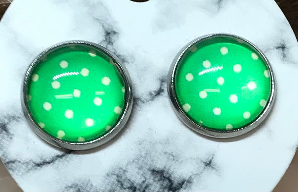 Green with White Polka Dot Silver Stud Earrings