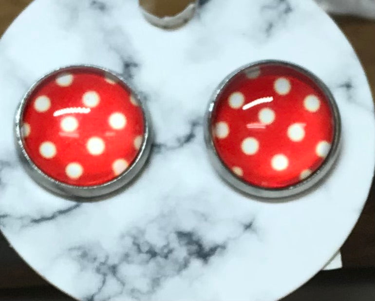 Red with White Polka Dot Silver Stud Earrings