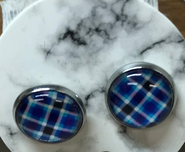 Blue Plaid Silver Stud Earrings