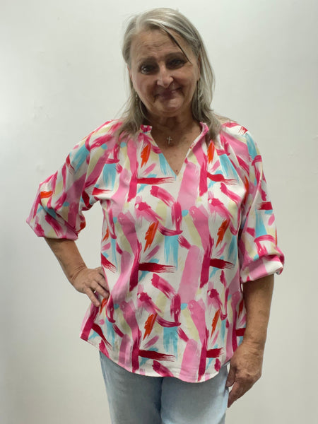 Small V-Neck Splattered Red/Pink/Blue Top
