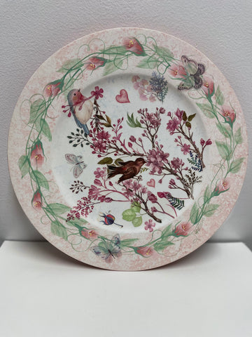 12" Round Wall Plate cream/pink/w birds & Floral