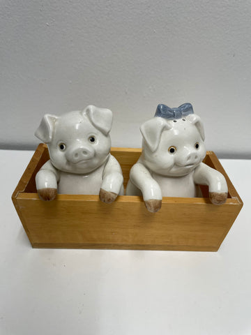 White Pig Salt & Pepper Shakers in Wood Box