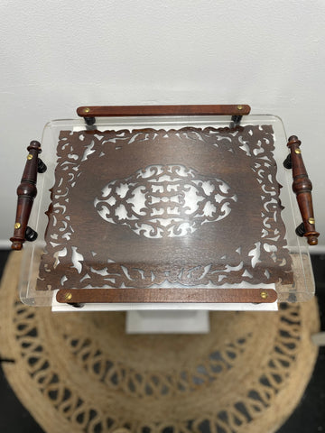 17"x13" Clear Serving Tray w/wood & Handels on sides