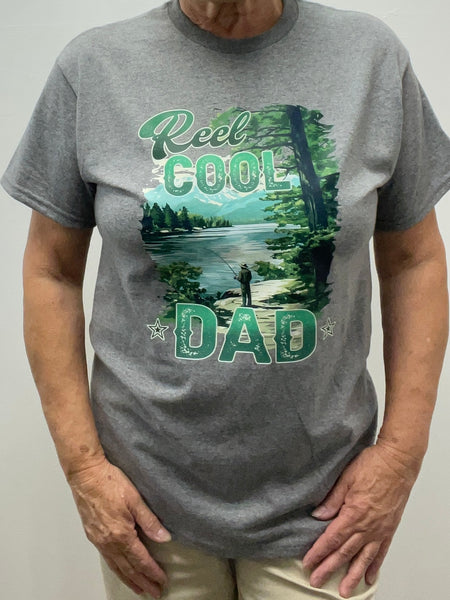 Gildan T-shirts-Gray w/Reel cook DAD in forest w/lake fishing