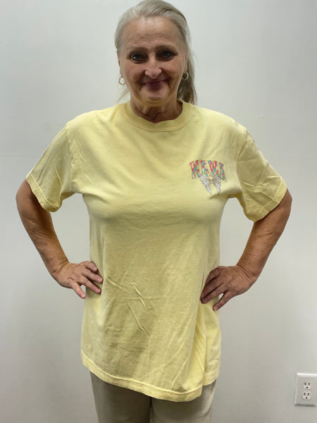Comfort Color T-Shirts-yellow MAMA w/white bow black polka dot