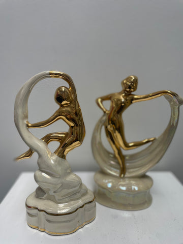 9"T X 4" W Vintage White Art Deco w/Gold Dancing Ladies