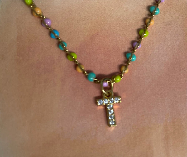 Gold 13" Multi Color Bead Necklace w/4"extension with Letter T