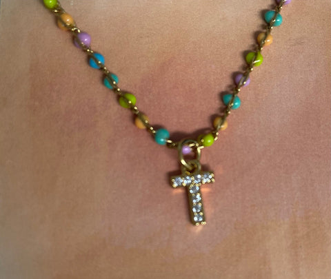 Gold 13" Multi Color Bead Necklace w/4"extension with Letter T