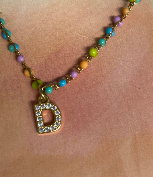 Gold 13" Multi Color Bead Necklace w/4"extension with Letter D