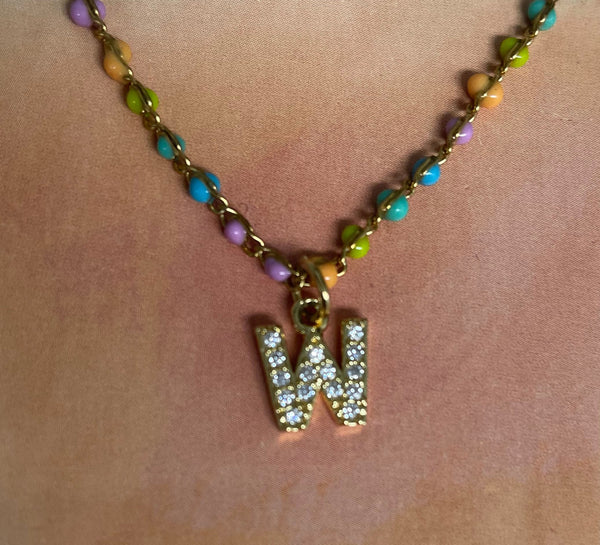 Gold 13" Multi Color Bead Necklace w/4"extension with Letter W