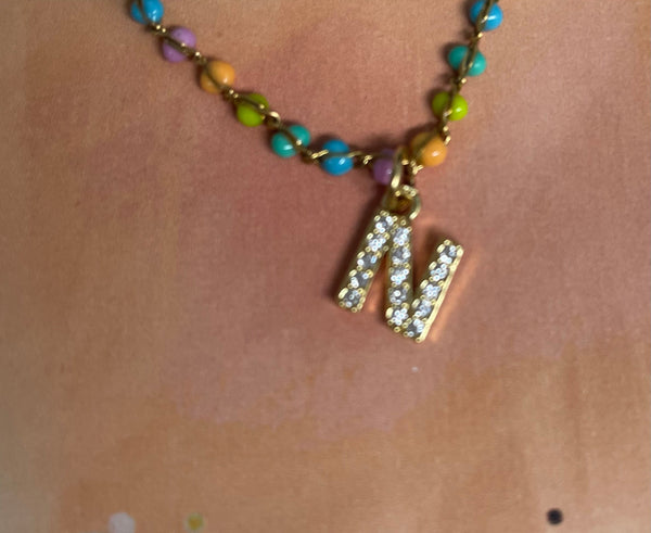 Gold 13" Multi Color Bead Necklace w/4"extension with Letter N