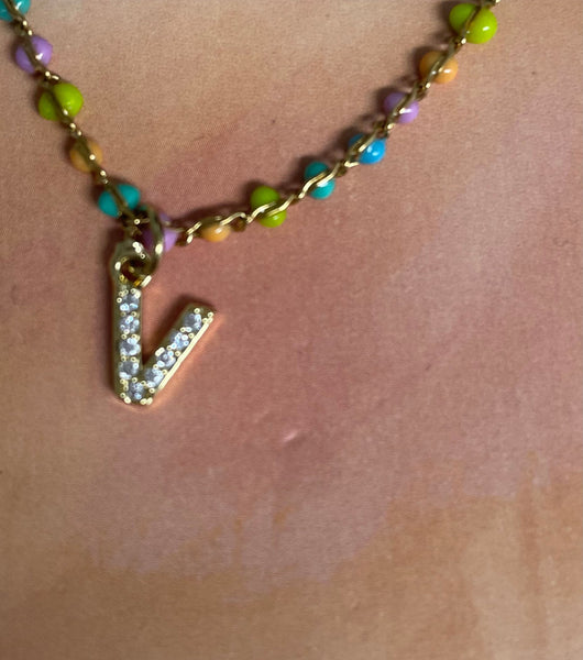 Gold 13" Multi Color Beads Necklace w/4"extension with Letter V in cubic stones