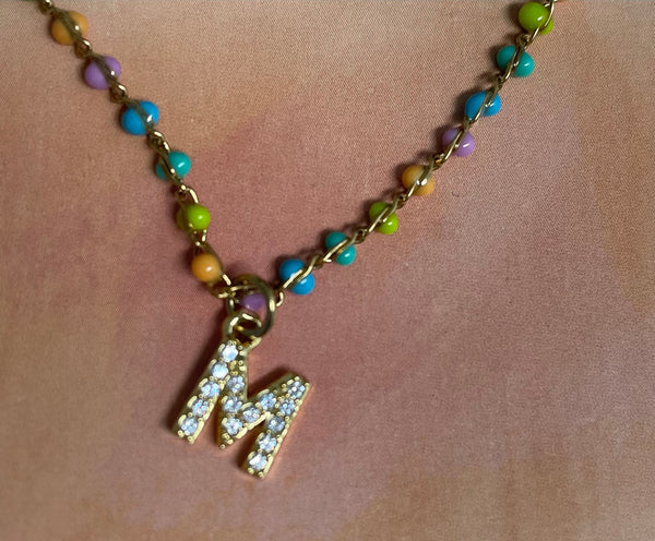 Gold 13" Multi Color Beads Necklace w/4"extension with Letter M in cubic stones