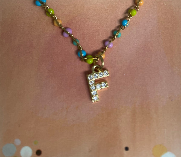 Gold 13" Multi Color Bead Necklace w/4"extension with Letter F