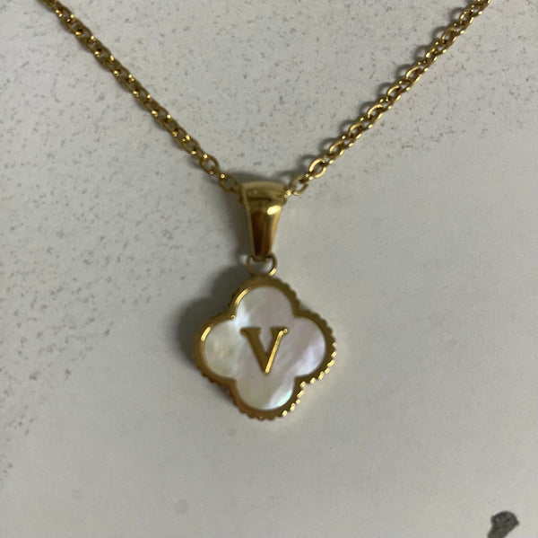 17" Gold Necklace w/Octagon white letter V