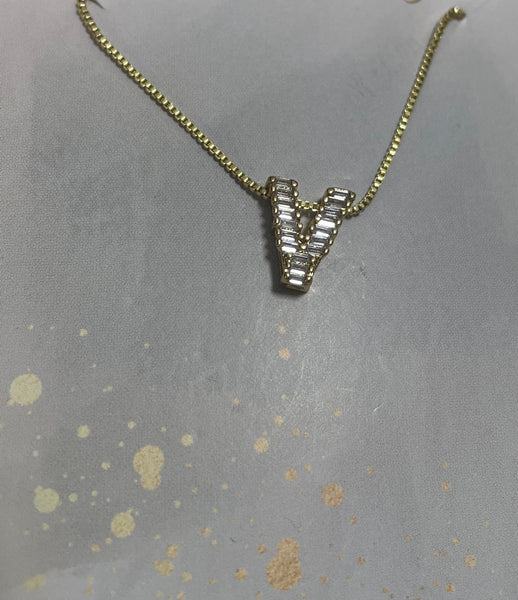 16" Gold Necklace with Gold Letter V Cubic Stone Pendent 