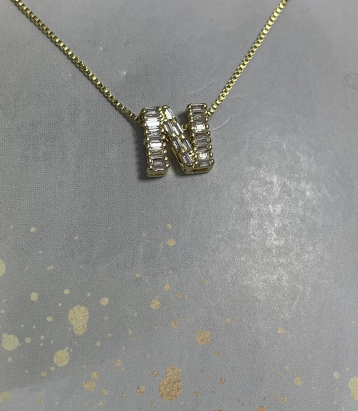 16" Gold Necklace with Gold Letter N Cubic Stone Pendent 