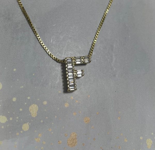 16" Gold Necklace with Gold Letter F Cubic Stone Pendent 