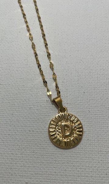 15" Gold Hammered Necklace w/3"extension w/round gold pendent with Letter D