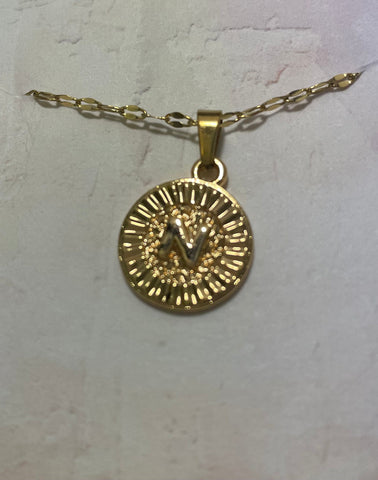 15" Gold Hammered Necklace w/3"extension w/round gold pendent with Letter N