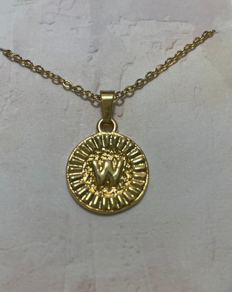 15" Gold Hammered Necklace w/3"extension w/round gold pendent with Letter W