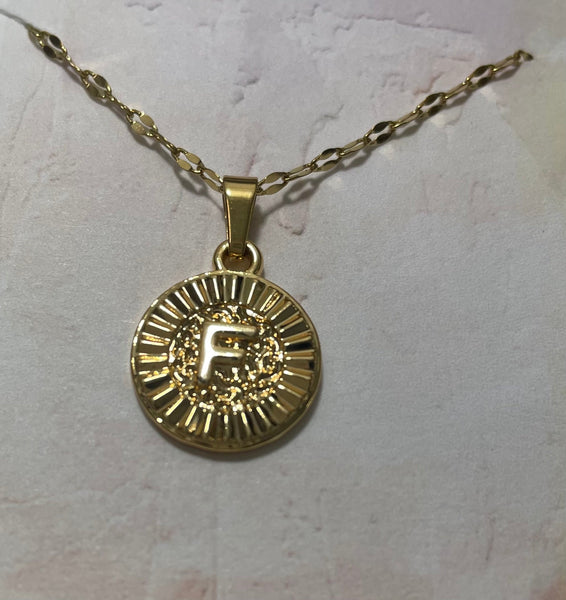15" Gold Hammered Necklace w/3"extension w/round gold pendent with Letter F