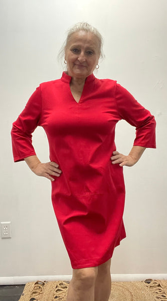 Dear Scarlett Mid Sleeve V-Neck w/collar & pockets Dress -RED
