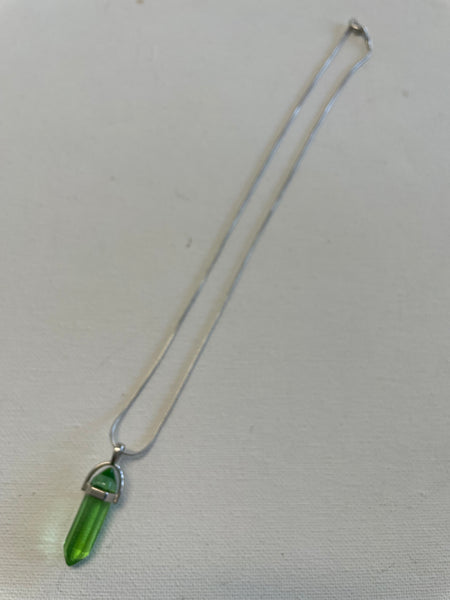 20" Silver Necklace w/ Pendulum Healing Gemstone Pendent Necklace Shirley Ollison-translucent green